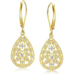 Women's 925 Sterling Golden Teardrop Dangle Earrings Cubic Zirconia Leverback